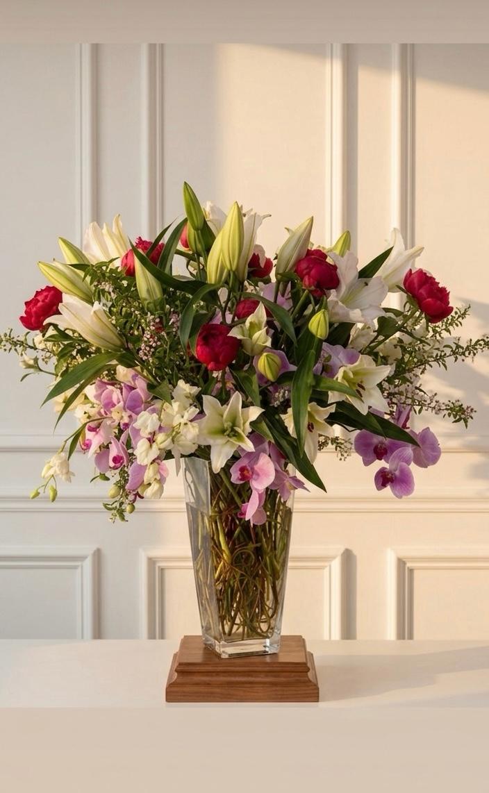 Golden Bloom - Luxury flower arrangement with lilies, peonies, and orchids