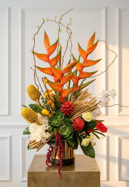 Tropical Grand Centerpiece - white Phalaenopsis orchids, hydrangeas and tropical oriental blooms