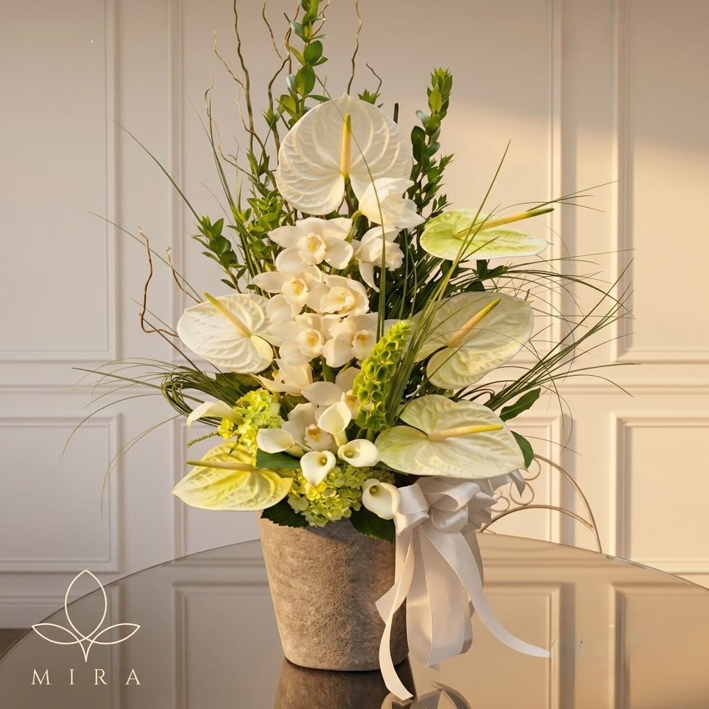 Celestine — White Anthurium & Orchid Arrangement by Mira Le Fleur