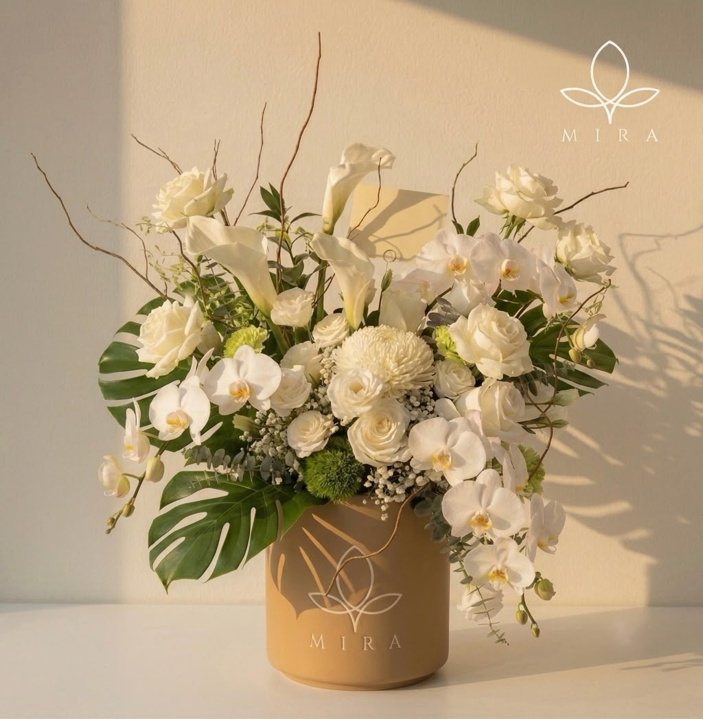 Sérénité — All-White Rose & Orchid Arrangement by Mira Le Fleur