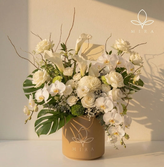 Sérénité — All-White Rose & Orchid Arrangement by Mira Le Fleur
