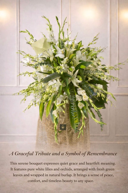 A Graceful Tribute and a Symbol of Remembrance - White lilies, orchids, and greenery in natural burlap