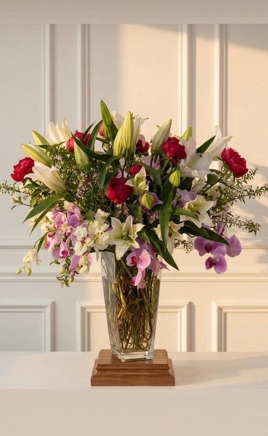 Golden Bloom - Luxury flower arrangement with lilies, peonies, and orchids