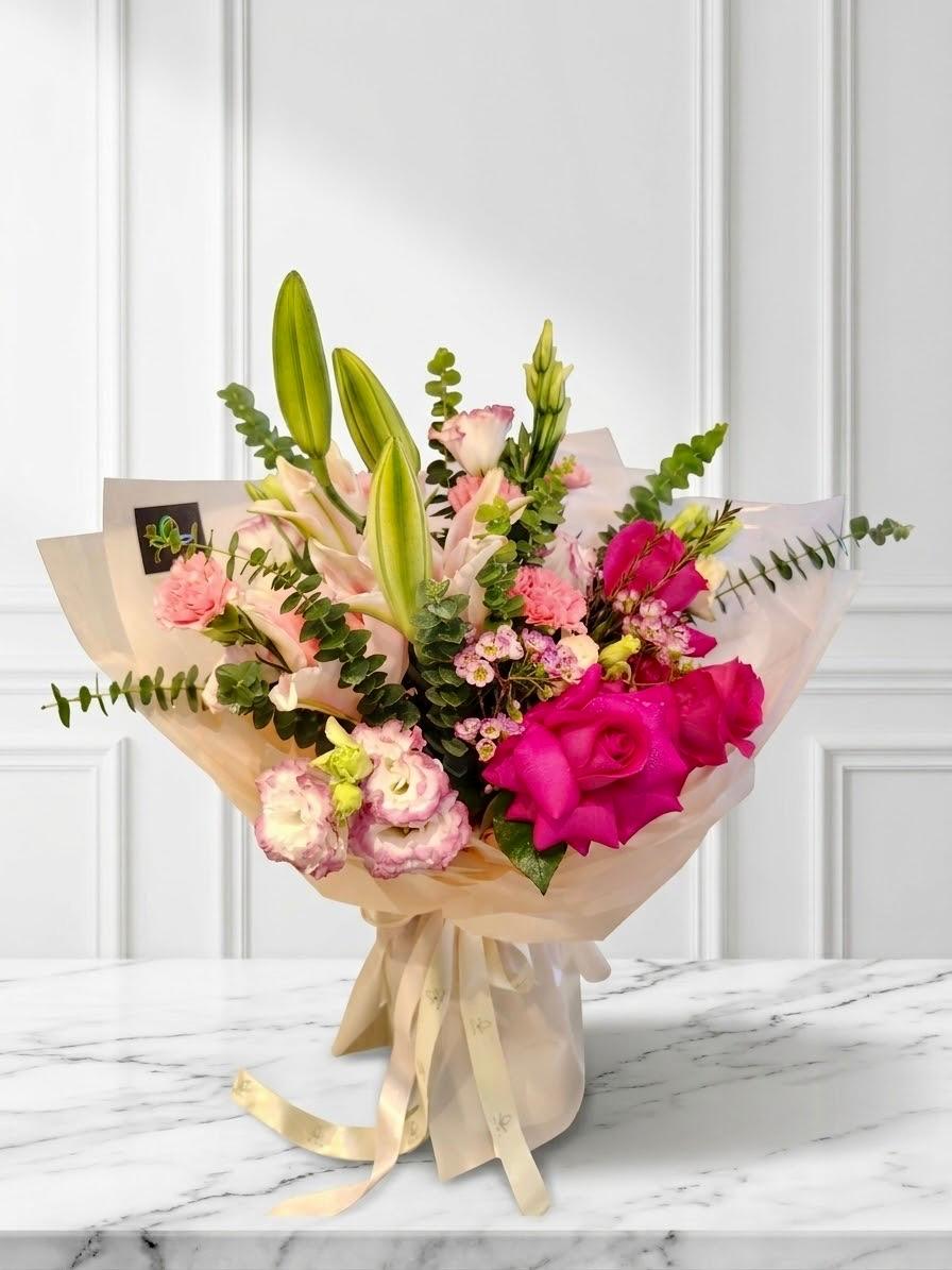 Rosé Reverie - Premium bouquet of pink roses, lisianthus, carnations, and lilies by Mira Le Fleur